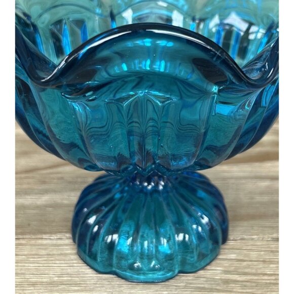 LE Smith Peacock Blue Handkerchief Compote Pedestal Dish Vintage Glass 1960s - Picture 2 of 3
